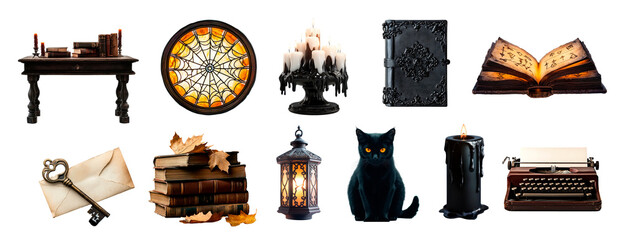 Vintage halloween decor dark academy aesthetic books, candles, and black cat for a cozy autumn atmosphere isolated on transparent png