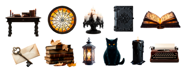 Vintage halloween decor dark academy aesthetic books, candles, and black cat for a cozy autumn atmosphere isolated on transparent png