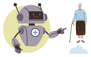 Robot with medical emblem gestures towards elderly woman holding cane. Ideal for healthcare, aging support, robotics, AI, caregiving, innovation, health tech-focused flat metaphor