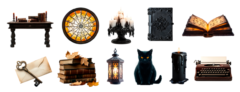 Vintage halloween decor dark academy aesthetic books, candles, and black cat for a cozy autumn atmosphere isolated on transparent png