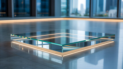 Transparent glass blank podium with reflections and clear surface, wide shot, empty for product placement