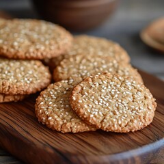 Close-up: crunchy sesame cookies on wood.
