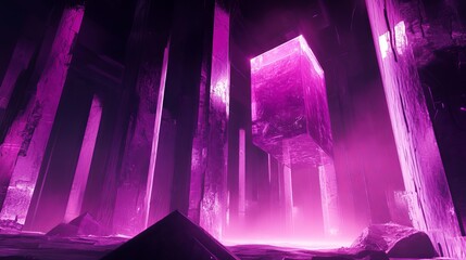 Glowing purple crystalline structures and pillars fill a dark, mysterious space, creating a surreal and otherworldly atmosphere