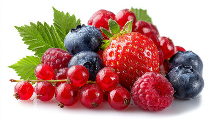 Set a new berry. Isolated on a white background, combine summertime fruits such a raspberry, strawberry, currant, blueberry, and wild strawberry with a still life of green leaves.