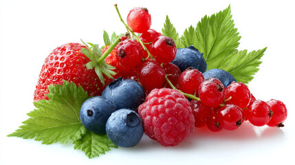 Set a new berry. Isolated on a white background, combine summertime fruits such a raspberry, strawberry, currant, blueberry, and wild strawberry with a still life of green leaves.