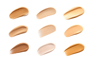Foundation smears in various tones. Set of creamy foundation smears in different skin tones, isolated on white background. Beauty and makeup product concept.