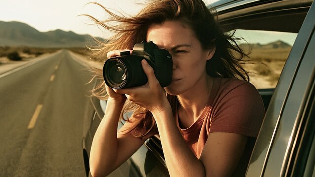 Female photographer taking pictures from the car window during a road trip on a sunny day, capturing the scenic route and enjoying the freedom of travel