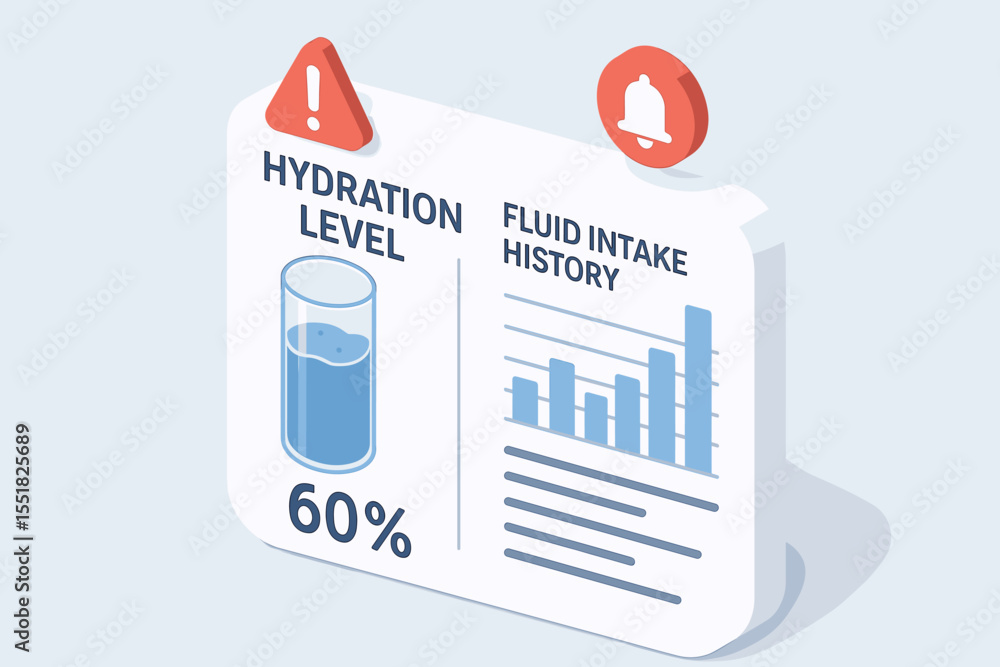Poster hydration monitoring dashboard with alerts and fluid intake data visualization