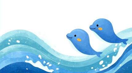 Two Kawaii Dolphins Swimming Playfully Among Soft Ocean Waves