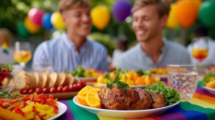 Two Men Enjoying a Colorful Pride Picnic with Rainbow Table Setting and Festive Atmosphere