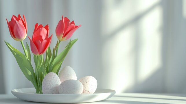 3D render of tulips and eggs on white plate - Powered by Adobe