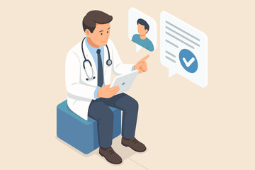 Male doctor using tablet for online patient consultation illustration