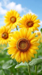 Vibrant Sunflower Field Under Clear Blue Sky with Bright Yellow Blooms and Lush Green Leaves