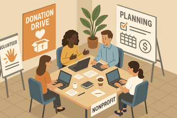 Diverse team discussing nonprofit strategies in an office setting