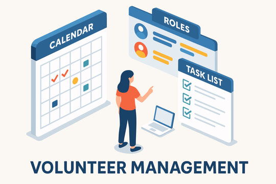 Female managing volunteer tasks and roles on graphic interface for efficient scheduling