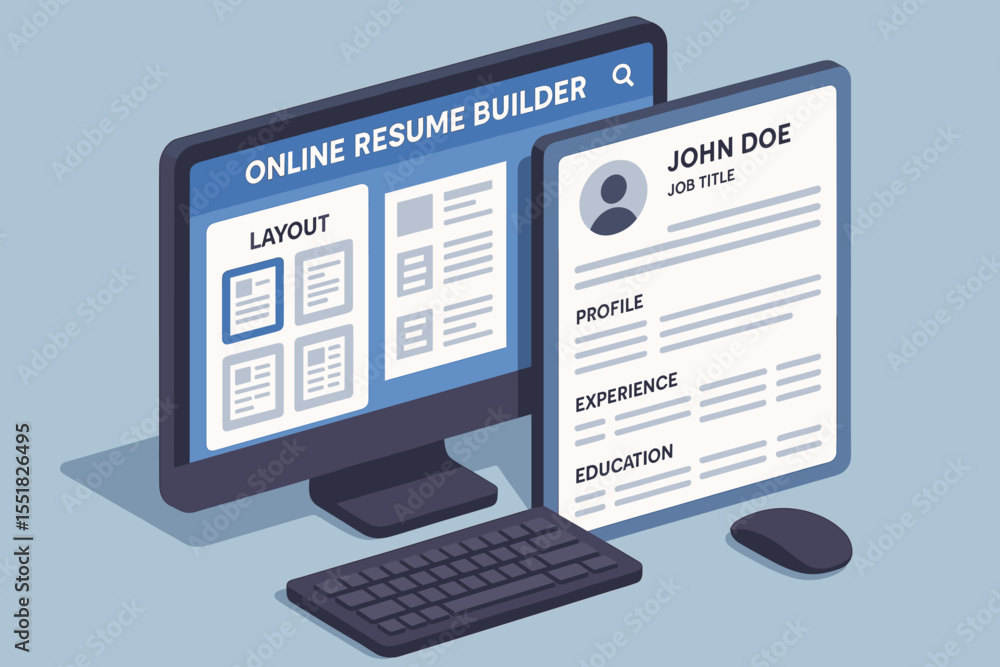 Poster online resume builder interface with sample layout and digital design elements