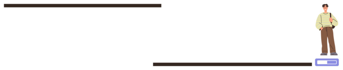 Male character standing on a progress bar, representing stepping towards success. Ideal for progress, growth, achievement, career development, success journey, goal setting, personal improvement