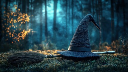 3D render of witch hat and broomstick