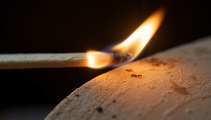 Wooden match igniting on surface with dark background  