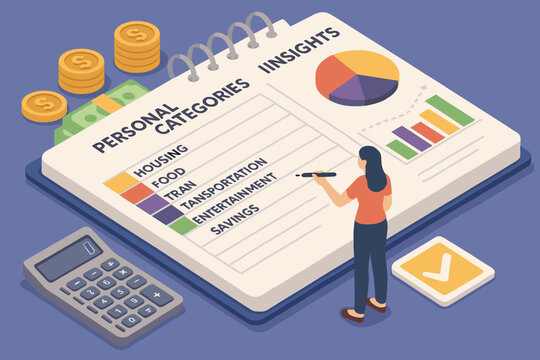 Female analyzing financial insights with calculator and charts on notebook