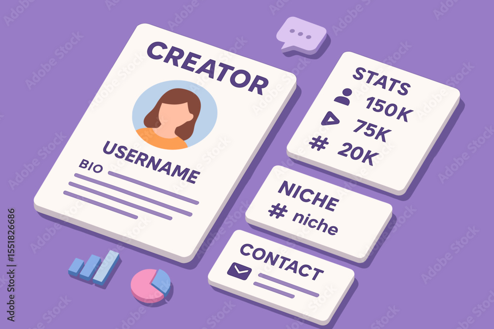 Poster digital creator profile layout with statistics and contact information