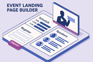 Event landing page builder showing registration speaker schedule planning