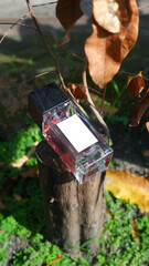 perfume bottle mockup with plain white label on the natural woods background