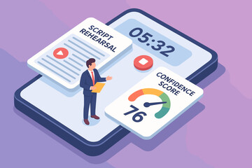 Isometric design of male presenter with script and confidence score on smartphone