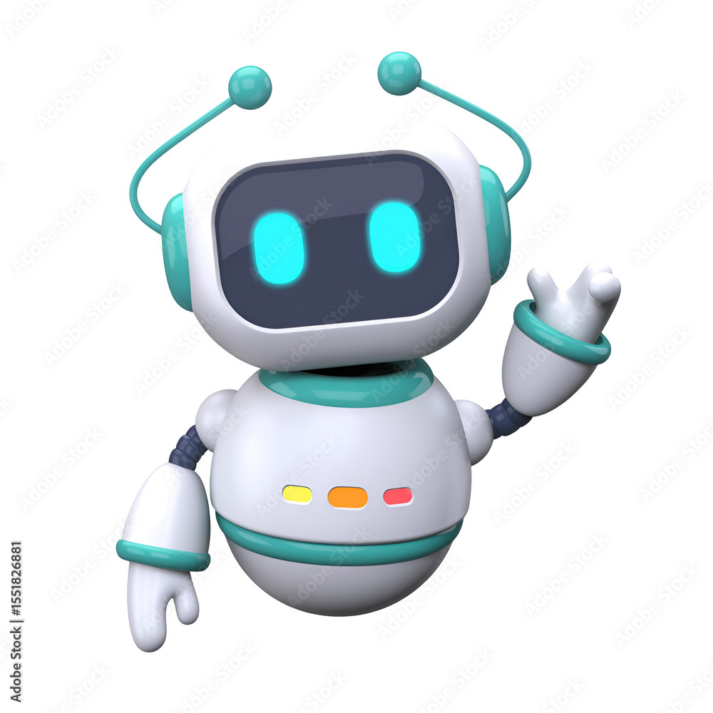 Poster adorable white 3d cartoon robot waving hello with friendly design and a transparent background