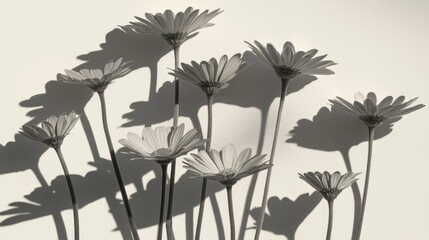 Black and white floral arrangement with long shadows.