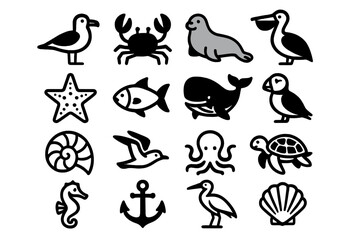 Naklejka premium Marine animals icons collection: seal, crab, whale, seahorse, and more