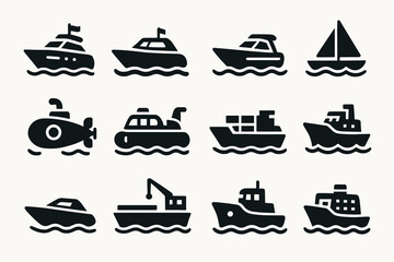 Collection of various boat and ship icons including submarine and sailboat