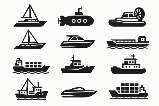 Icons of sailboats, submarines, hovercrafts, and cargo ships in black and white