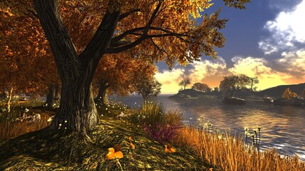 Serene autumnal lakeside scene with golden foliage, tranquil waters, and a path winding through wildflowers
