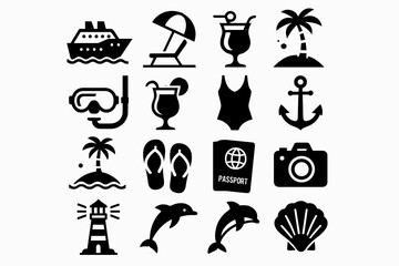 Summer vacation icons: beach, travel, and leisure symbols collection