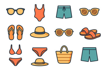 Summer essentials: various swimwear and accessories for beachwear fashion