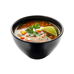 Delicious Lentil Soup in a Black Bowl with Lime and Parsley Garnish