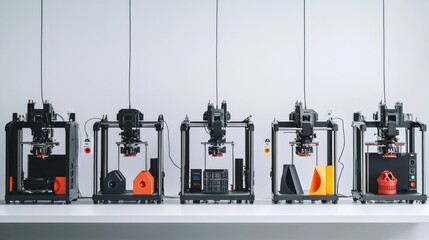 3D lineup of 3D printers producing components on white background