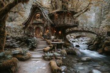Fototapeta premium A bridge made of wooden logs spans a river deep within a forest