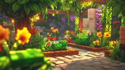 Obraz premium Sunlit garden scene with stone pathway, vibrant flowers, lush greenery, wooden structures, and a stone monument