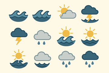 Obraz premium Weather icons set: clouds, sun, rain, waves, and thunder depictions