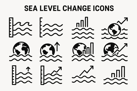 Sea level change icons: waves, earth, arrows, graphs, measurement symbols