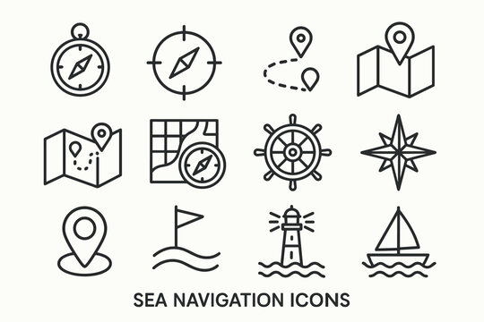 Sea navigation icons set featuring compass, map, lighthouse, sailboat, helm