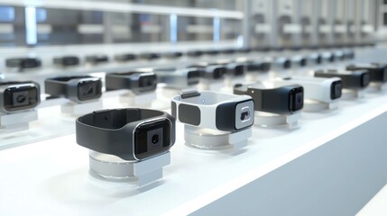 3D lineup of assembly line for wearable electronics on white background