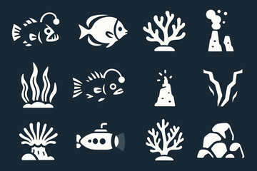Fototapeta premium Aquatic icons collection: fish, coral, submarine, and vents on dark background