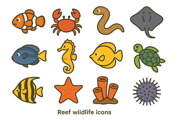 Obraz premium Colorful icons of diverse reef wildlife including fish, crab, turtle, seahorse, and starfish