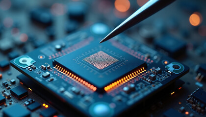 Close-up of a computer chip with a focused look and precision while tech components glow in the background