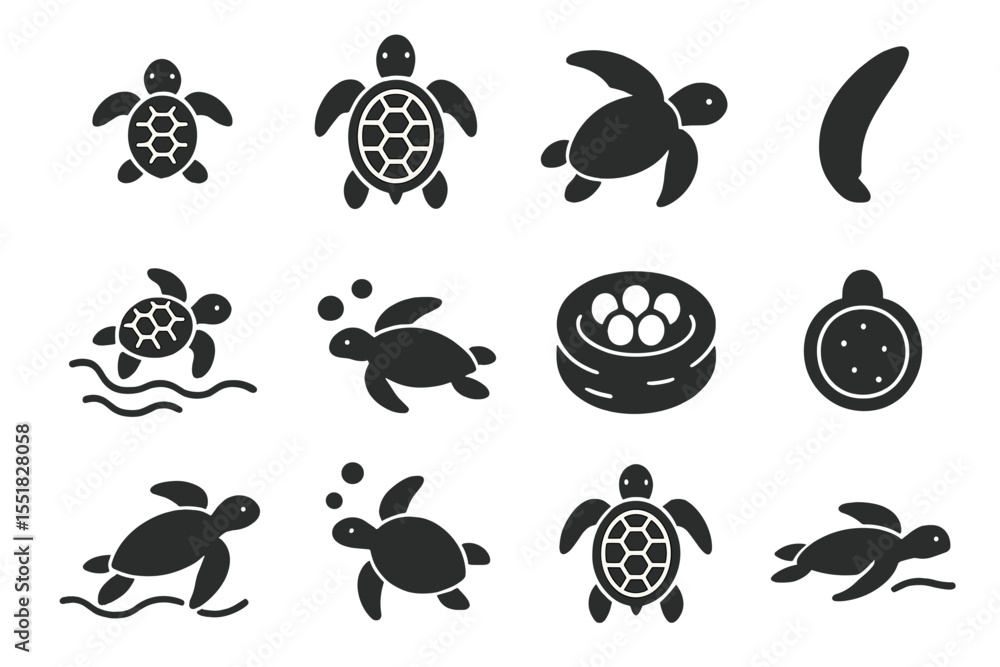 Poster sea turtle icons set on dark background with nest and eggs