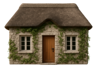 A stone cottage private house with ivy climbing the walls, perfect for a countryside landscape.