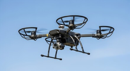 White quadcopter drone flying in blue sky, equipped camera. Concept of technology, surveillance, aerial photography and innovation.